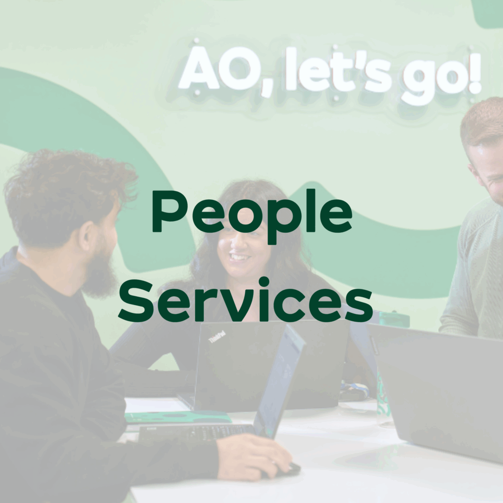 "Group of people seated around a table with laptops and notebooks, under the text 'AO, let's go!' and 'People Services'"