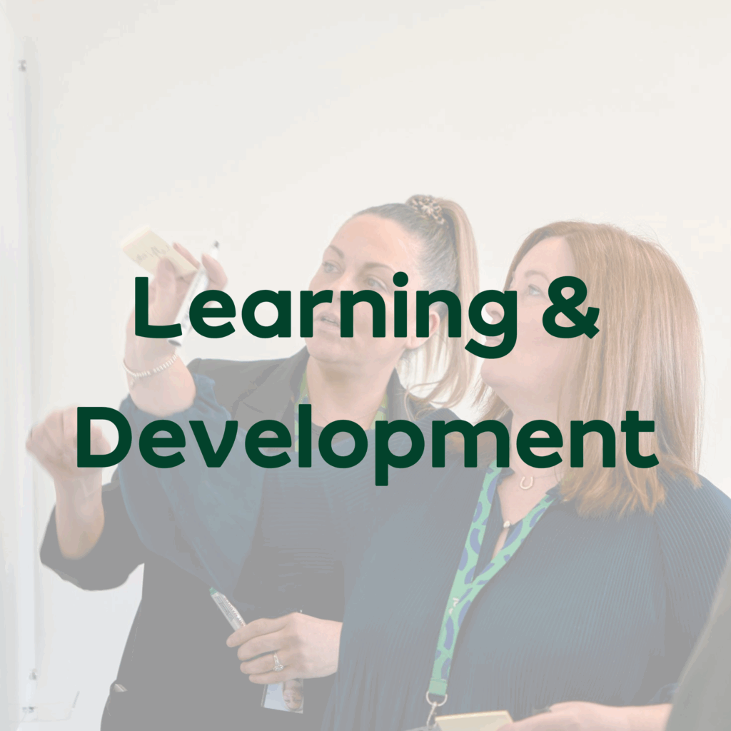 "Two individuals standing near a whiteboard, discussing its contents, with the text 'Learning & Development'"